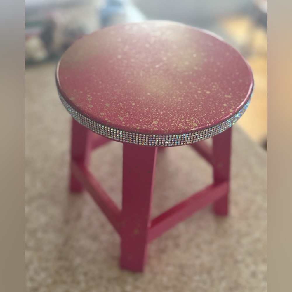 Pink with gold splash with Rhinestone accents Mini wood Stool